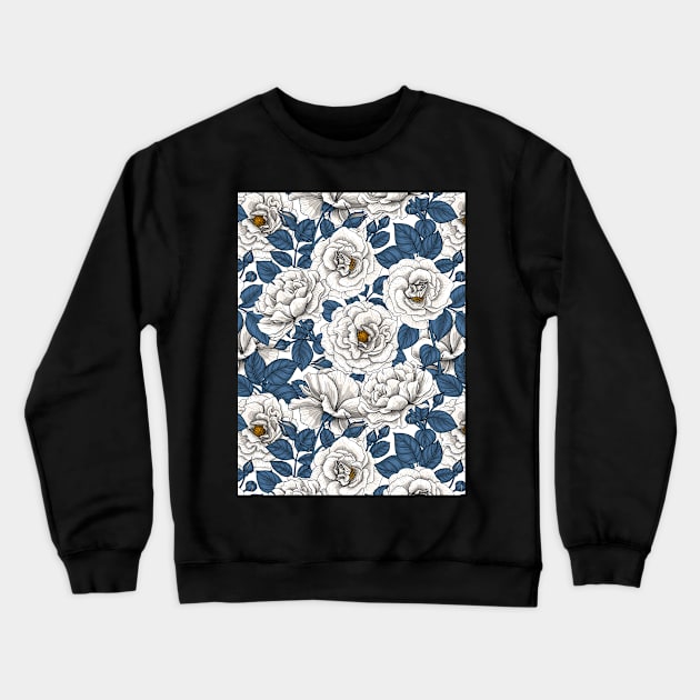 White roses with blue leaves on white Crewneck Sweatshirt by katerinamk